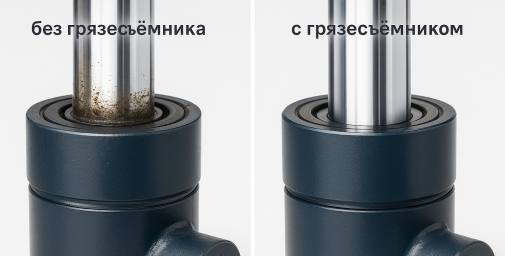 Два штока рядом: без грязесъёмника шток в грязи, с ним — чистый